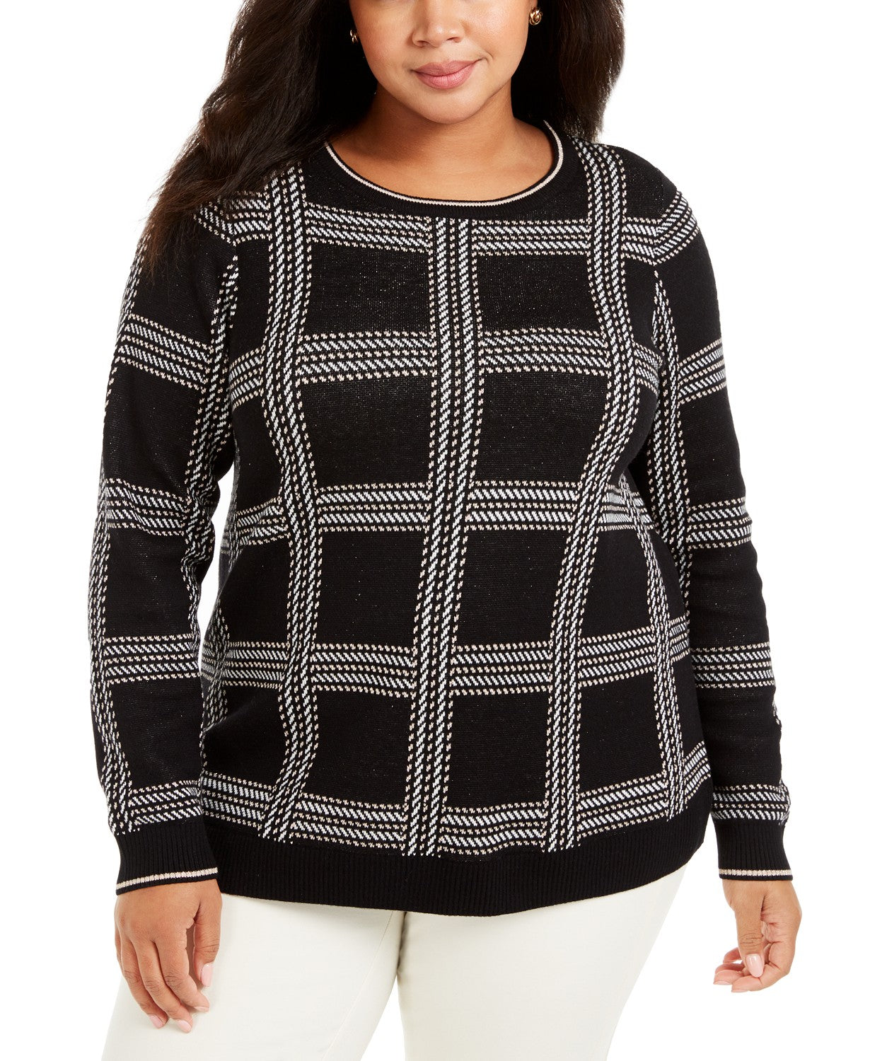 Suéter xadrez metálico plus size feminino Charter Club, preto, tamanho XX-G