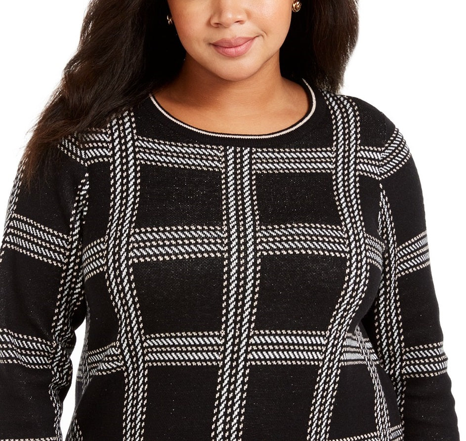 Suéter xadrez metálico plus size feminino Charter Club, preto, tamanho XX-G