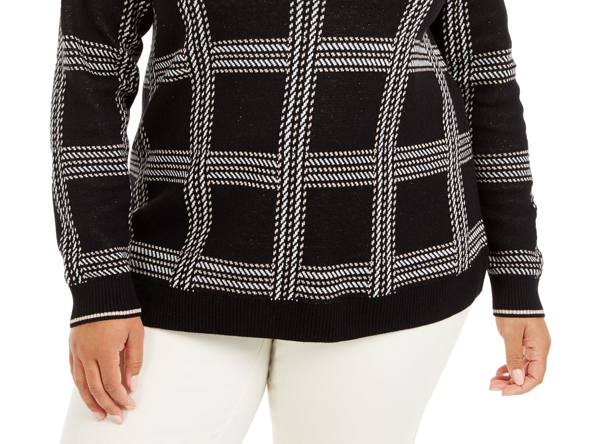 Suéter xadrez metálico plus size feminino Charter Club, preto, tamanho OX