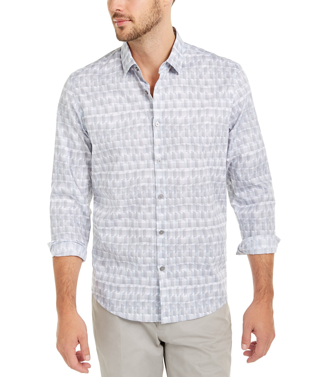 Camisa Alfani Masculina Classic-Fit Geo-Stripe Branca Tamanho P