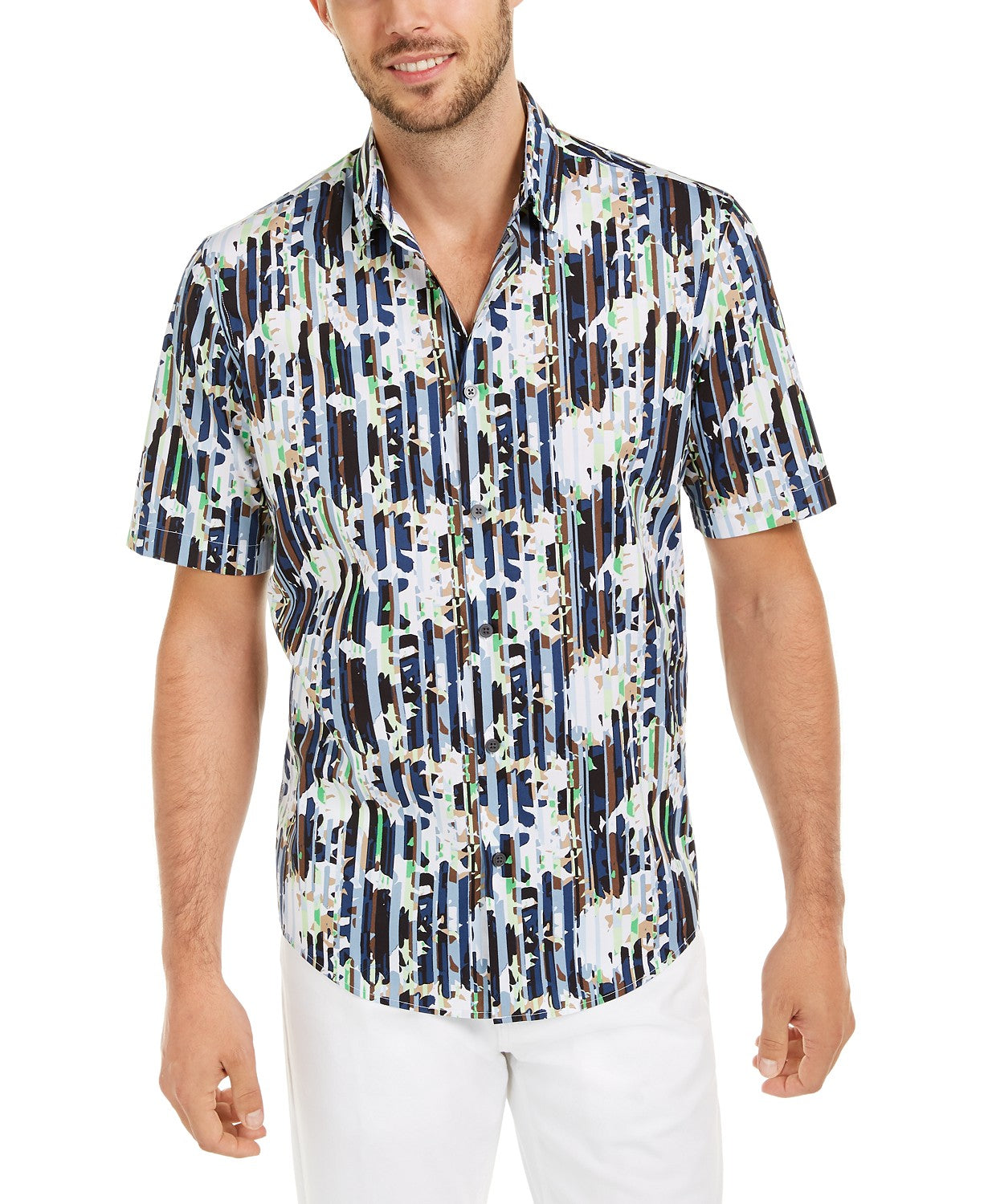 Camisa Alfani Masculina Listrada Floral Abstrata Classic-Fit Azul Marinho Tamanho P