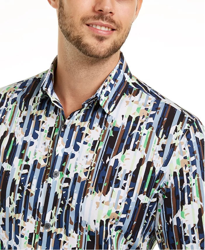 Camisa Alfani Masculina Listrada Floral Abstrata Classic-Fit Azul Marinho Tamanho P