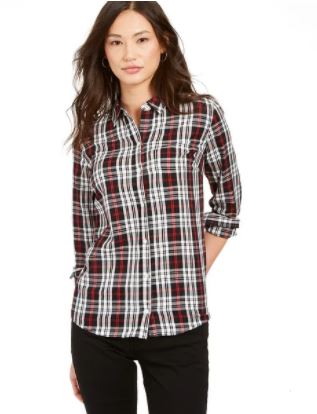 Camisa xadrez feminina Charter Club de algodão, preta, tamanho pequeno