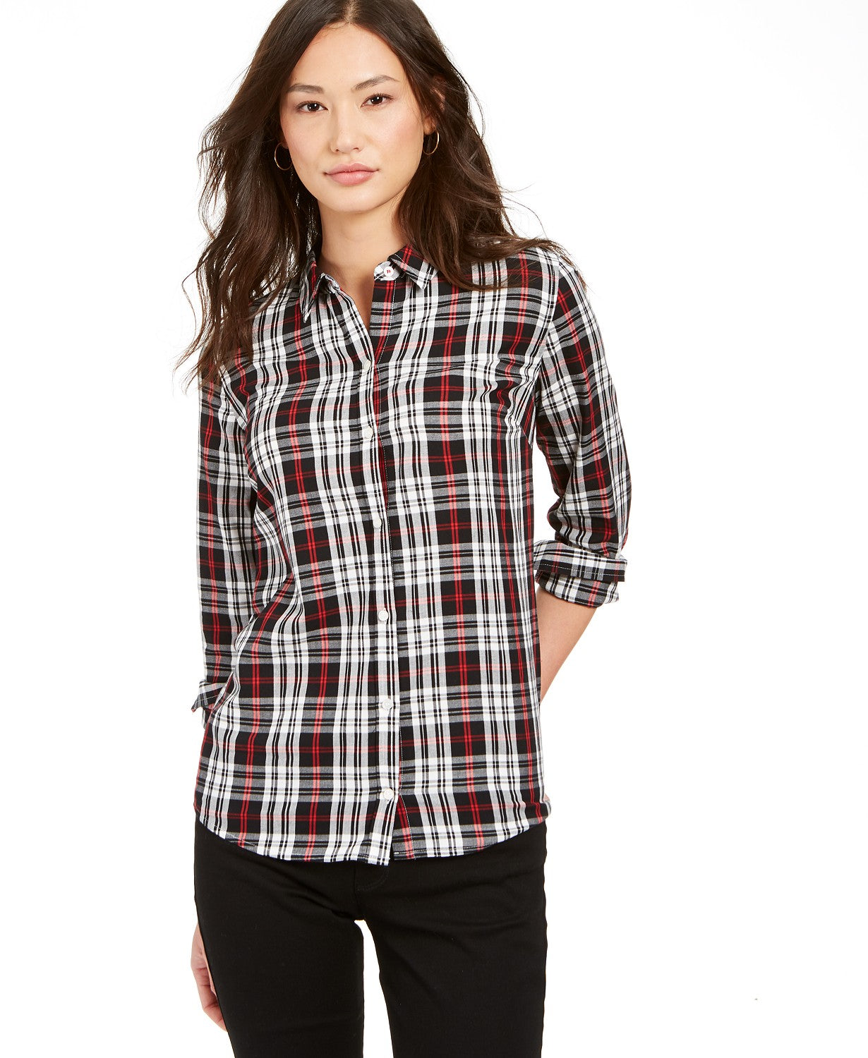 Camisa xadrez feminina Charter Club Petite de algodão com botões, preta, tamanho pequeno