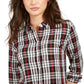 Camisa xadrez feminina Charter Club Petite de algodão com botões, preta, tamanho pequeno