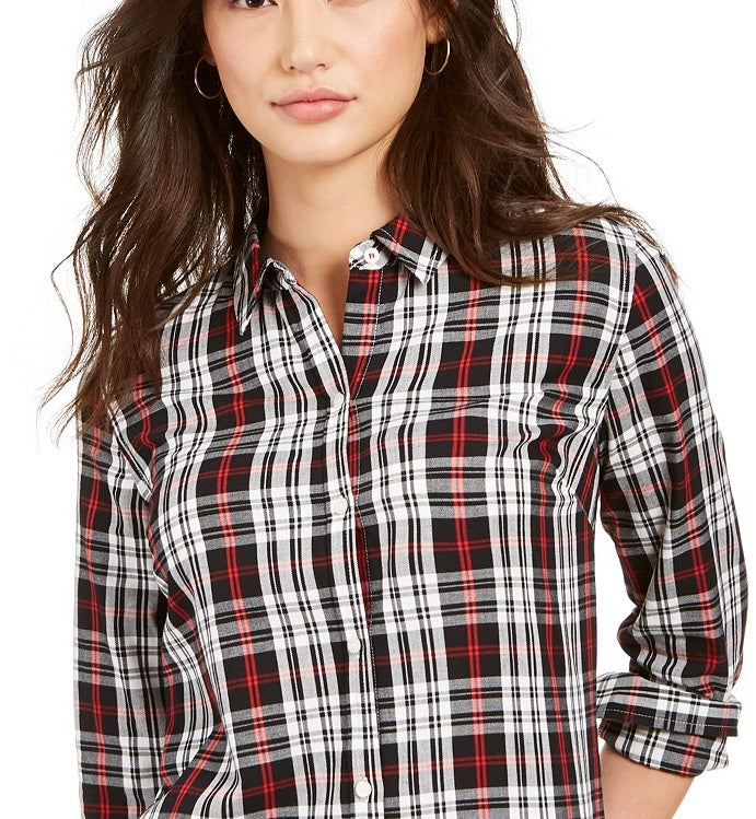 Camisa xadrez feminina Charter Club Petite de algodão com botões, preta, tamanho pequeno