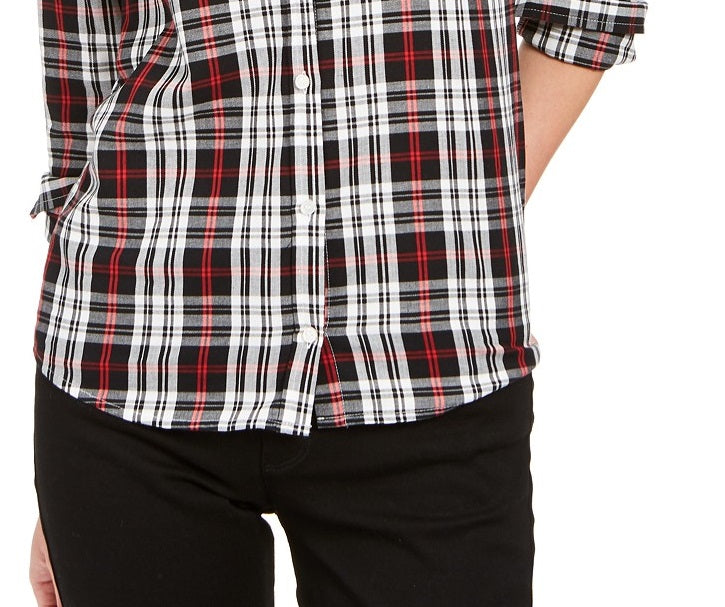 Camisa xadrez feminina Charter Club Petite de algodão com botões, preta, tamanho pequeno