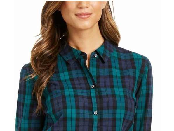 Camisa xadrez feminina Charter Club de algodão, preta, tamanho grande