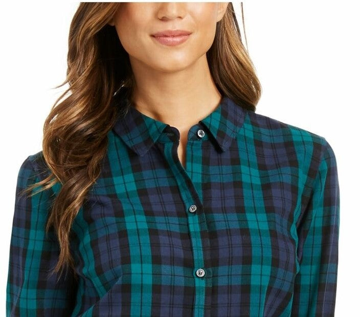 Camisa xadrez feminina Charter Club de algodão, preta, tamanho médio