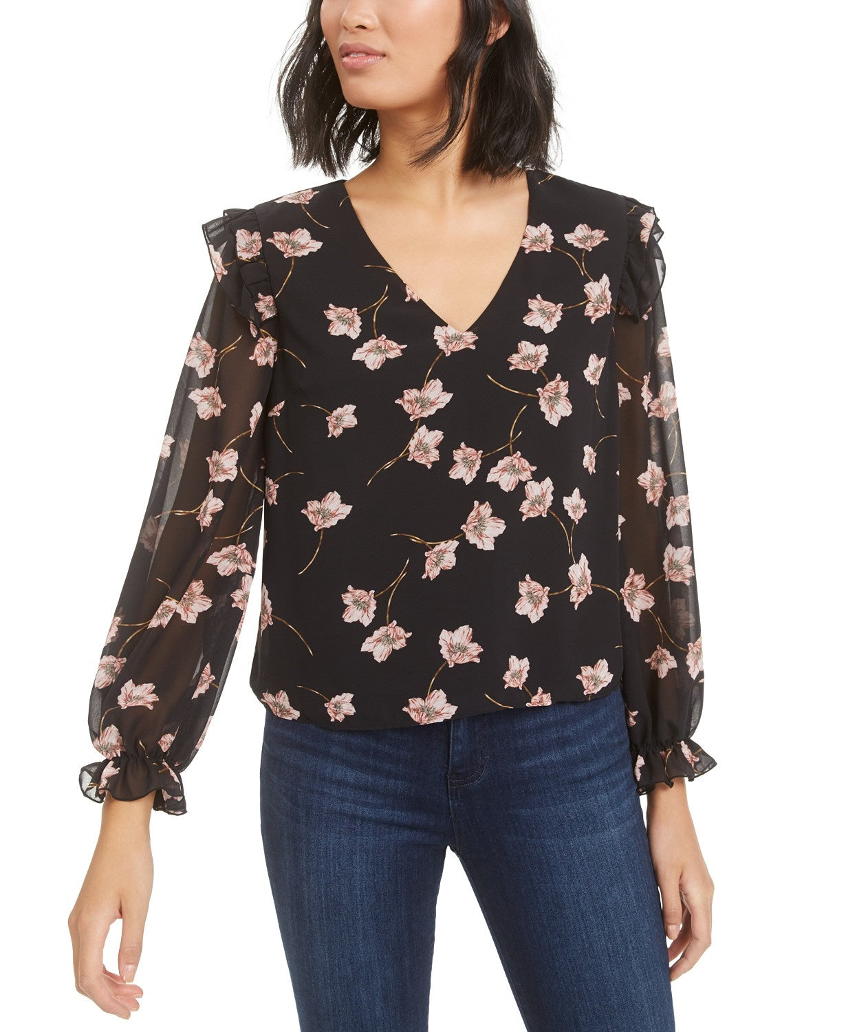 Blusa feminina com estampa floral Bar III, preta, tamanho extra pequeno