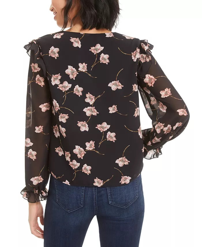 Blusa feminina com estampa floral Bar III, preta, tamanho extra pequeno