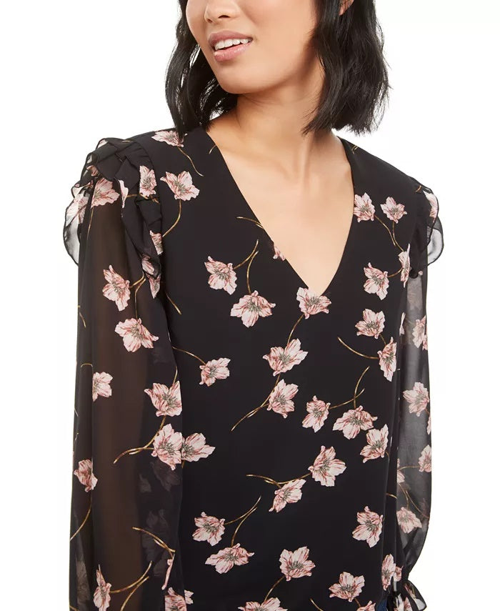 Blusa feminina com estampa floral Bar III, preta, tamanho extra pequeno