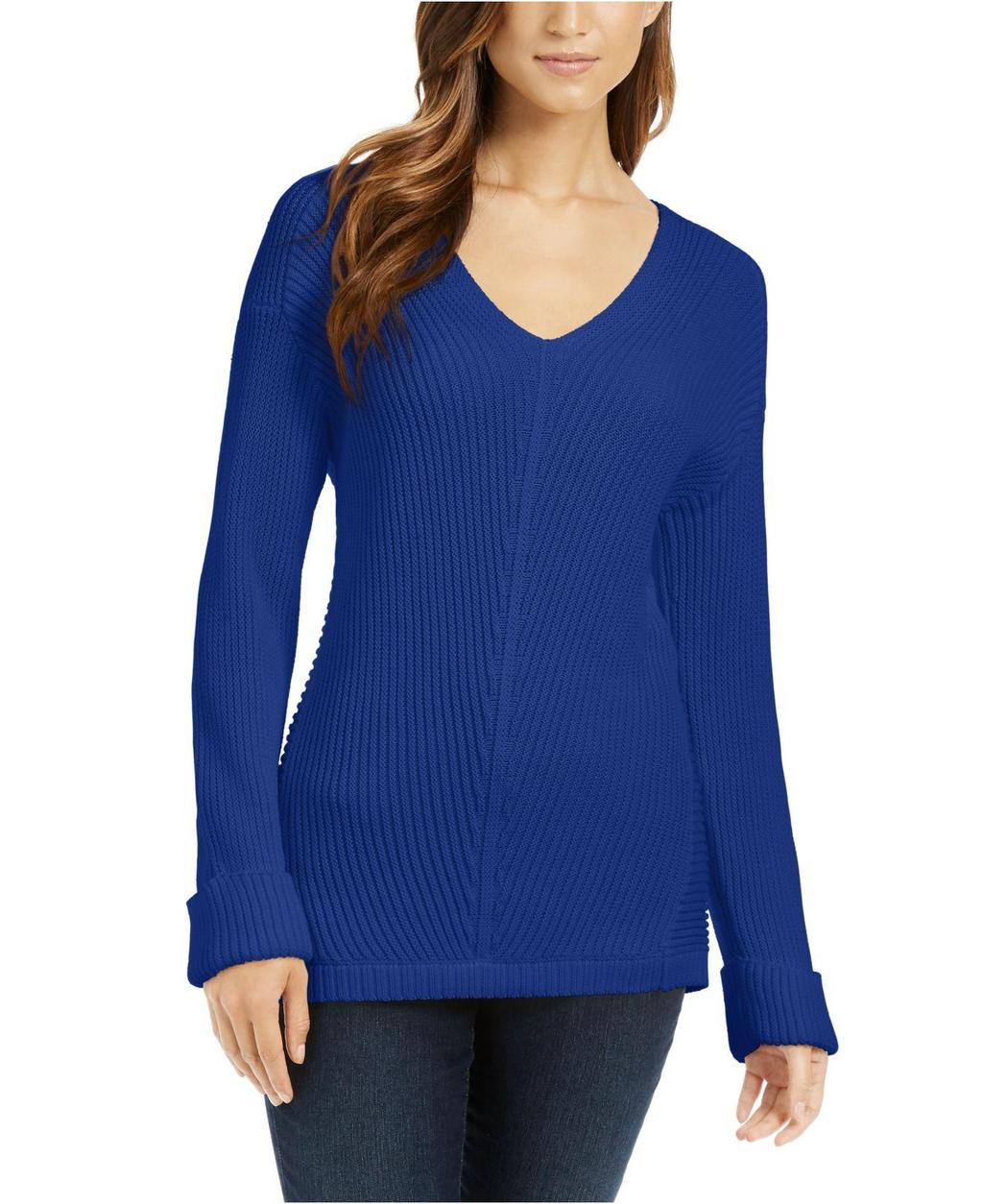 Suéter feminino de algodão texturizado com decote em V, tamanho extra grande, azul, Charter Club