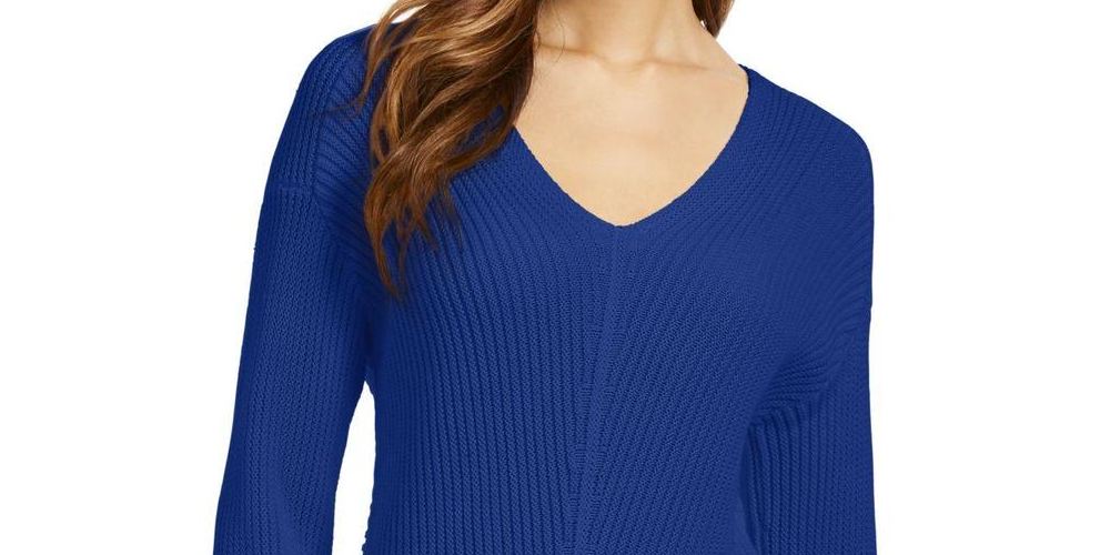 Suéter feminino de algodão texturizado com decote em V, tamanho extra grande, azul, Charter Club