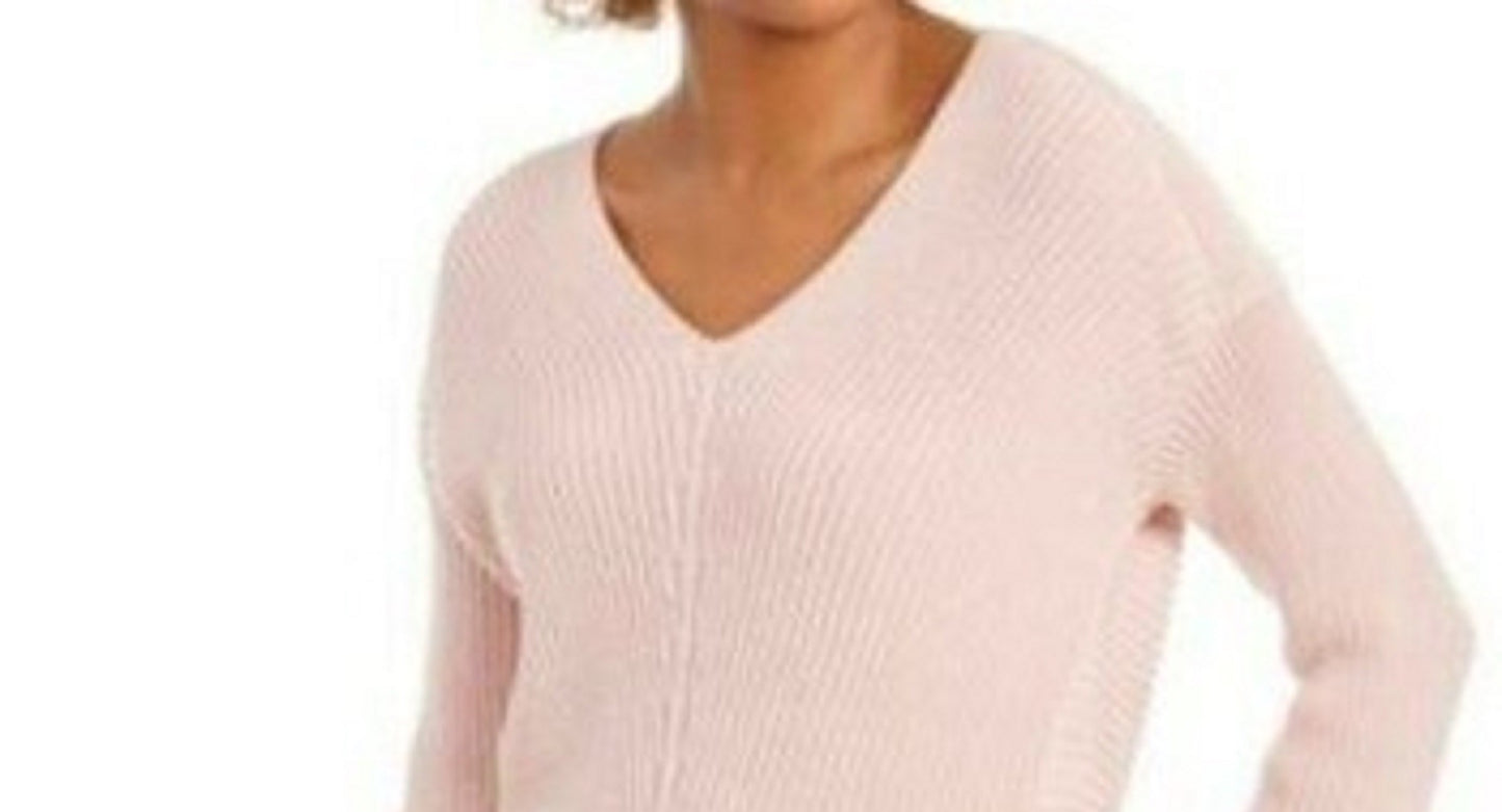 Suéter feminino de algodão texturizado com decote em V, tamanho grande, rosa, Charter Club