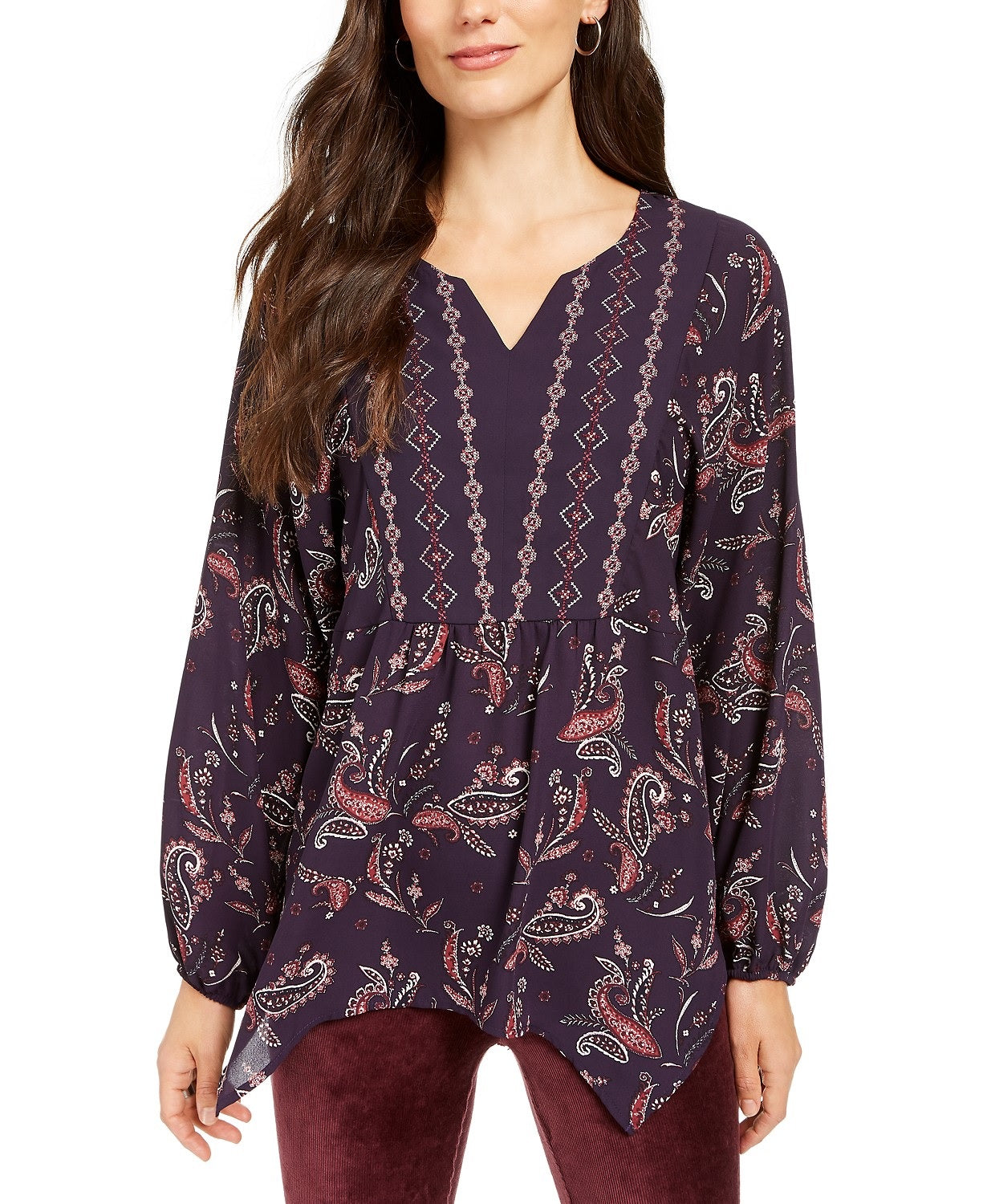 Top feminino estilo camponês com estampa de lenço e bainha paisley, tamanho extra pequeno