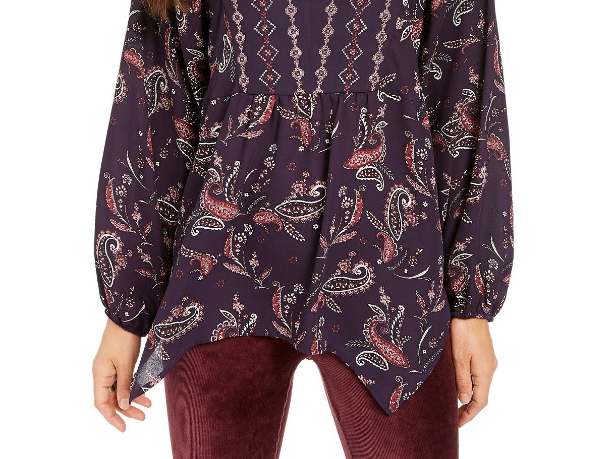 Top feminino estilo camponês com estampa de lenço e bainha paisley, tamanho extra pequeno