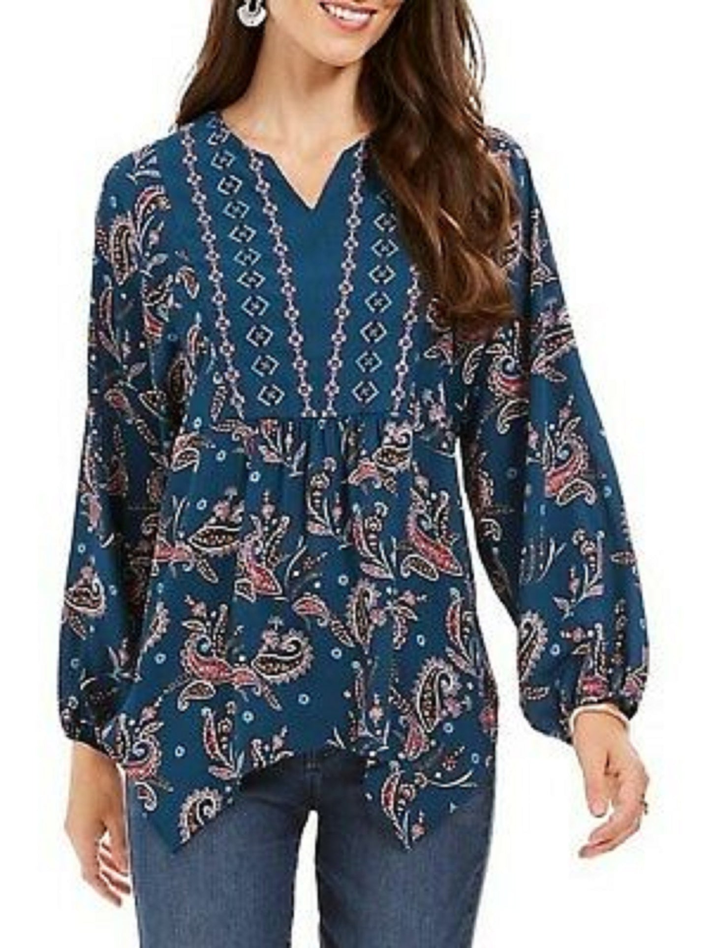 Top feminino estilo camponês com bainha de lenço estampado verde tamanho médio