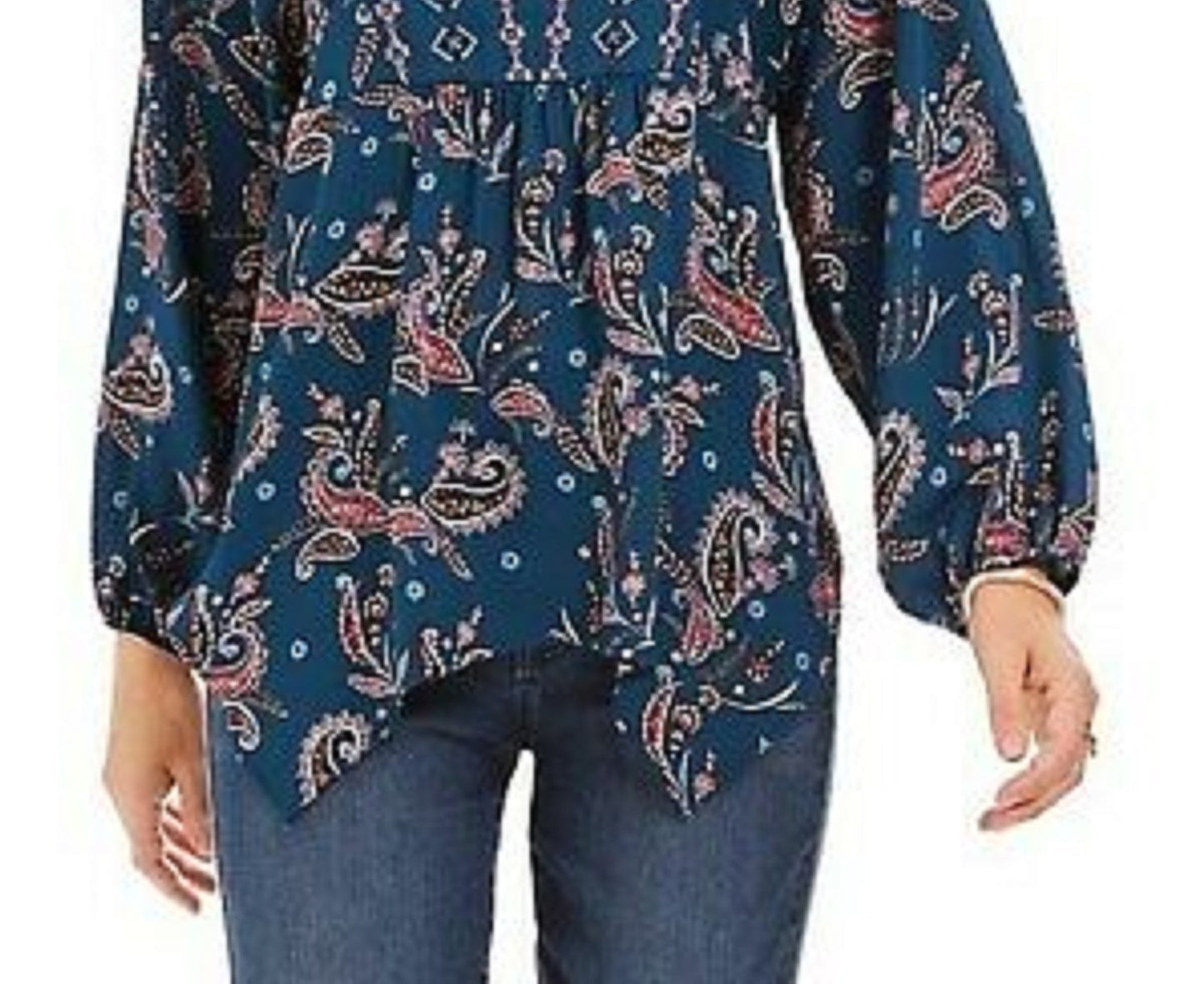 Top feminino estilo camponês com bainha de lenço estampado verde tamanho médio