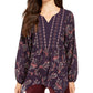 Top feminino estilo camponês com bainha de lenço estampado, roxo, tamanho grande