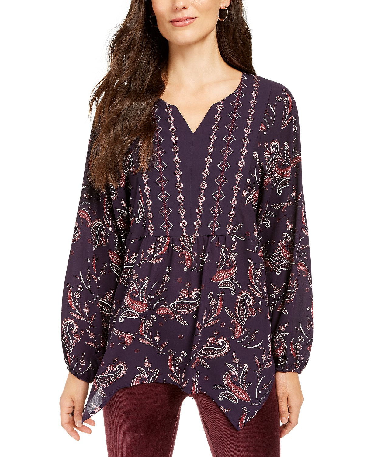Top feminino estilo camponês com bainha de lenço estampado, roxo, tamanho grande