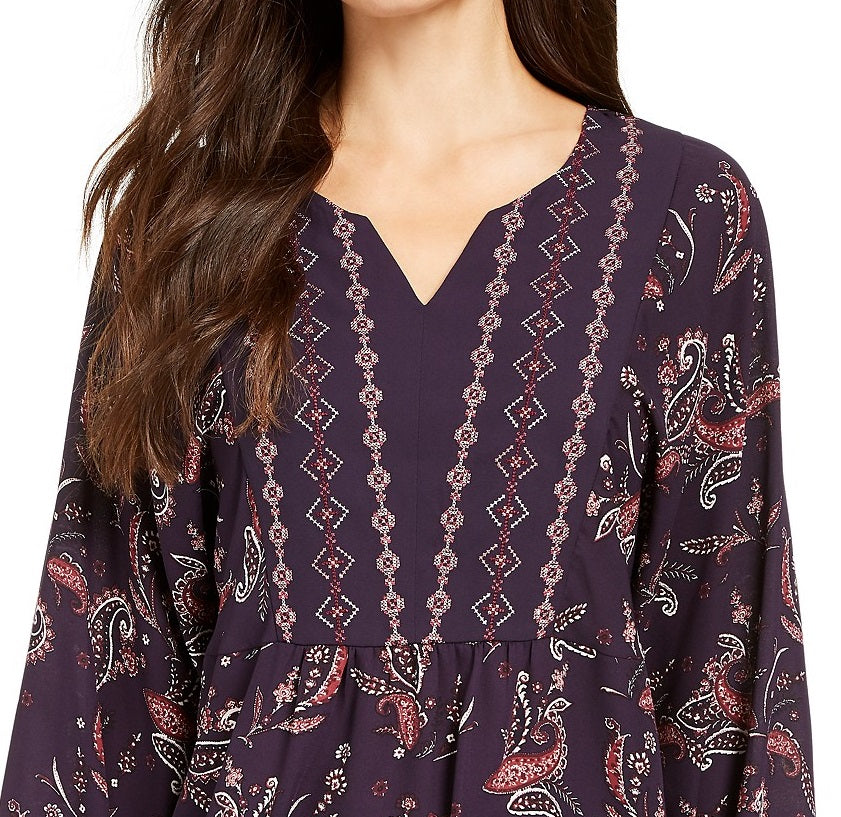 Top feminino estilo camponês com bainha de lenço estampado, roxo, tamanho grande