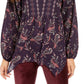 Top feminino estilo camponês com bainha de lenço estampado, roxo, tamanho grande