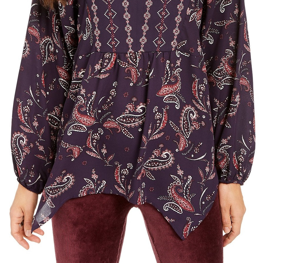 Top feminino estilo camponês com bainha de lenço estampado, roxo, tamanho grande