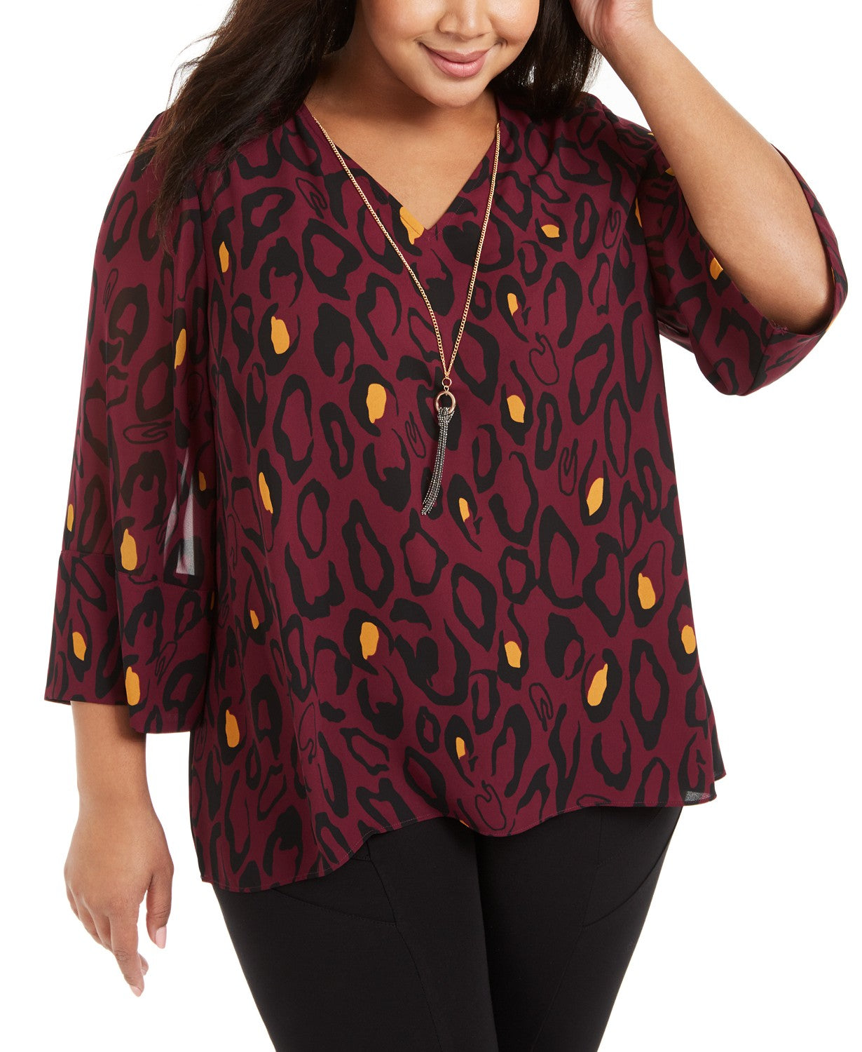 Blusa e colar plus size com estampa animal da coleção feminina JM Collection, roxo, tamanho 3, extra grande