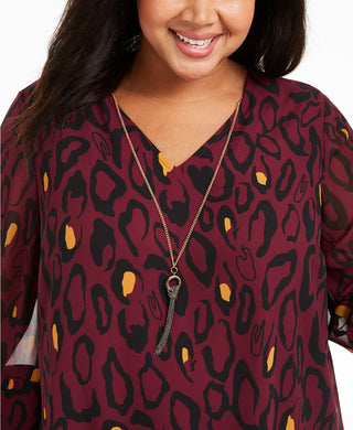 Blusa e colar plus size com estampa animal da coleção feminina JM Collection, roxo, tamanho 3, extra grande