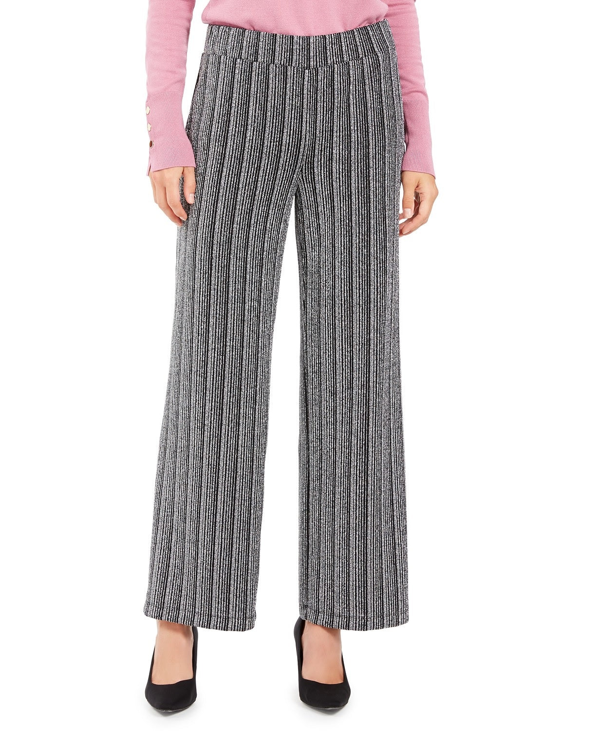 Calça feminina pequena metálica de perna larga JM Collection, preta, tamanho grande