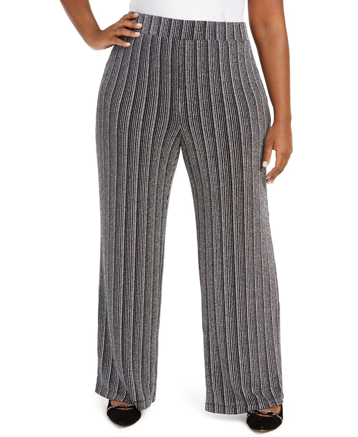 Calça feminina metálica plus size macia JM Collection, preta, tamanho extra grande