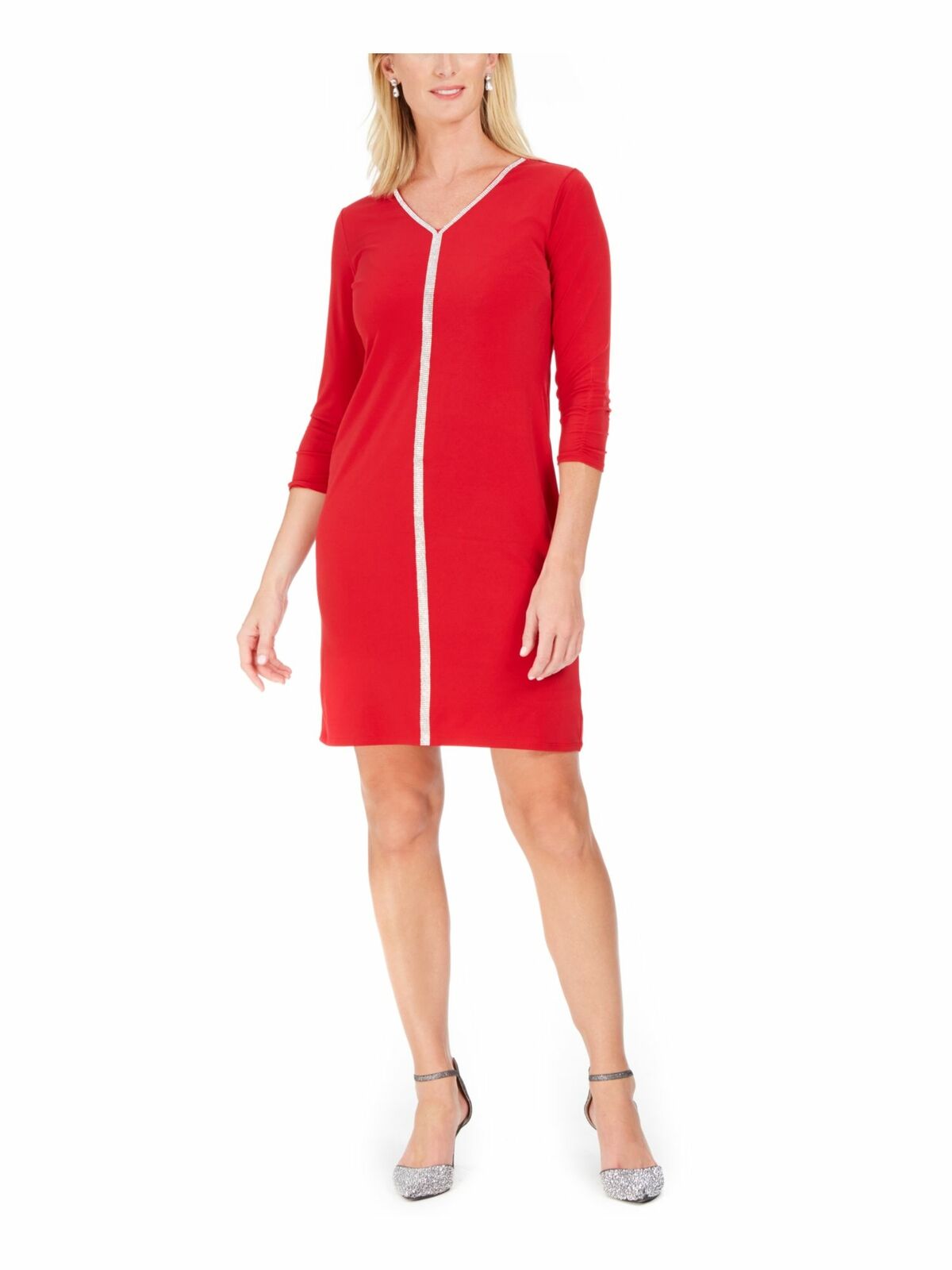 Vestido feminino JM Collection com decote em V e manga 3/4, acima do joelho, vermelho, tamanho pequeno