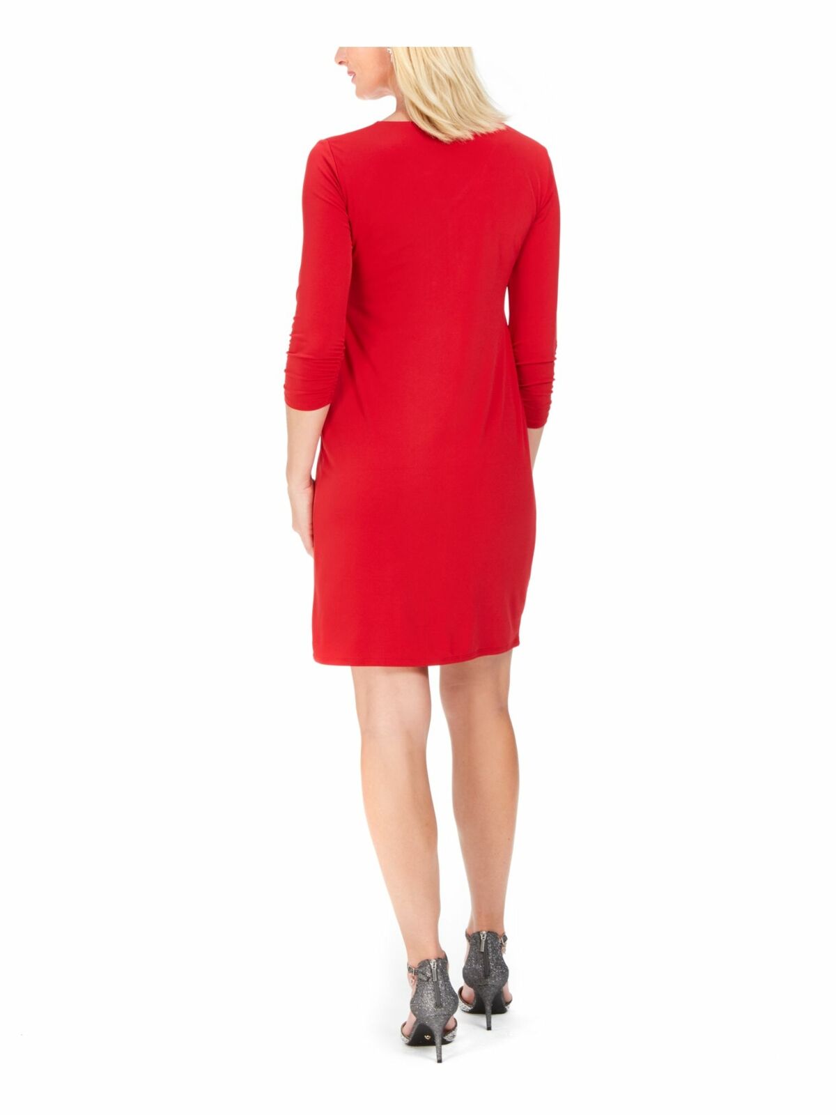 Vestido feminino JM Collection com decote em V e manga 3/4, acima do joelho, vermelho, tamanho pequeno