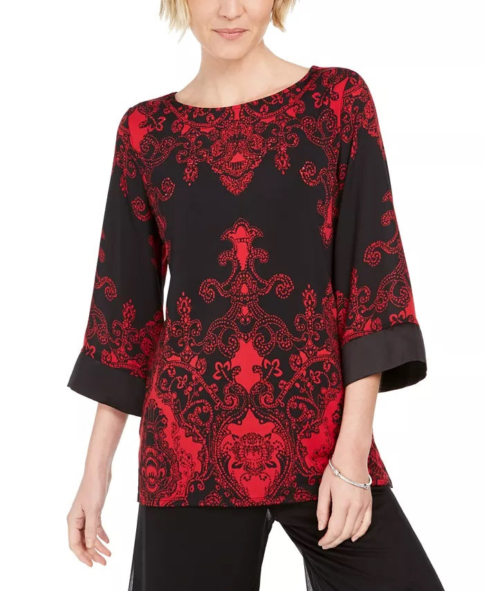 Túnica feminina de cetim com ombros caídos JM Collection, preta, tamanho pequeno médio