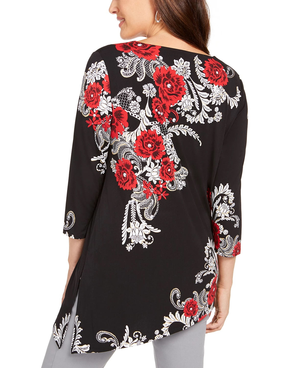 Túnica feminina assimétrica com detalhes JM Collection, preta, tamanho pequeno médio