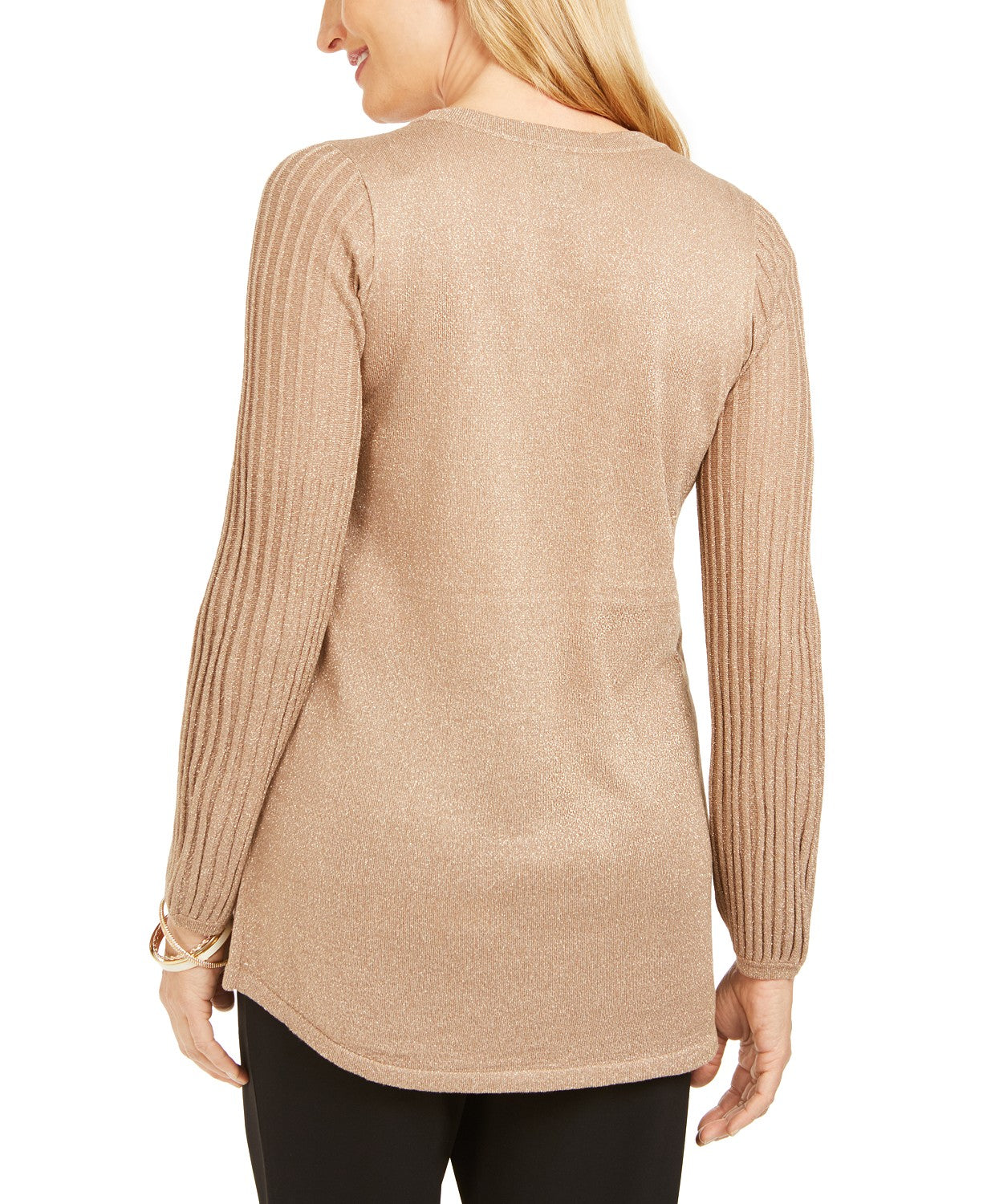 Blusa feminina JM Collection com gola em lurex e decote em treliça, marrom, tamanho pequeno