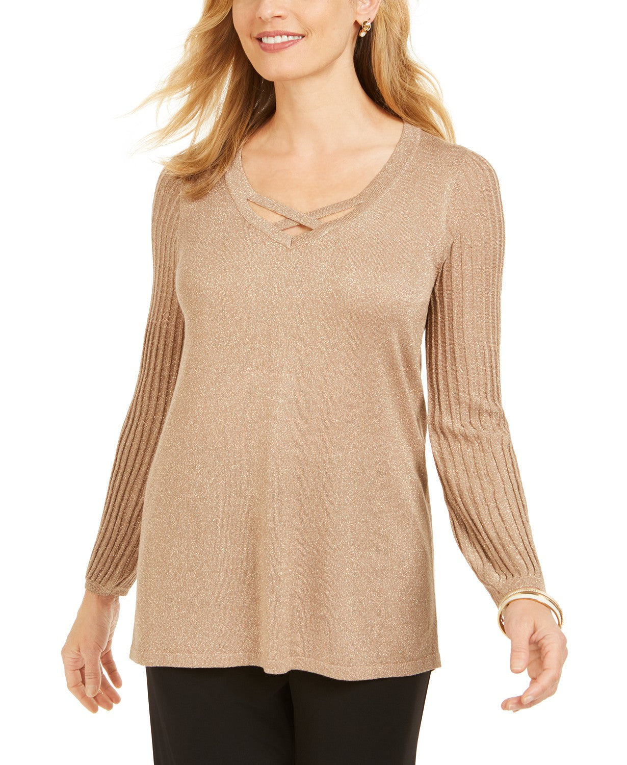 JM Collection Suéter feminino pequeno com manga plissada, marrom, tamanho pequeno