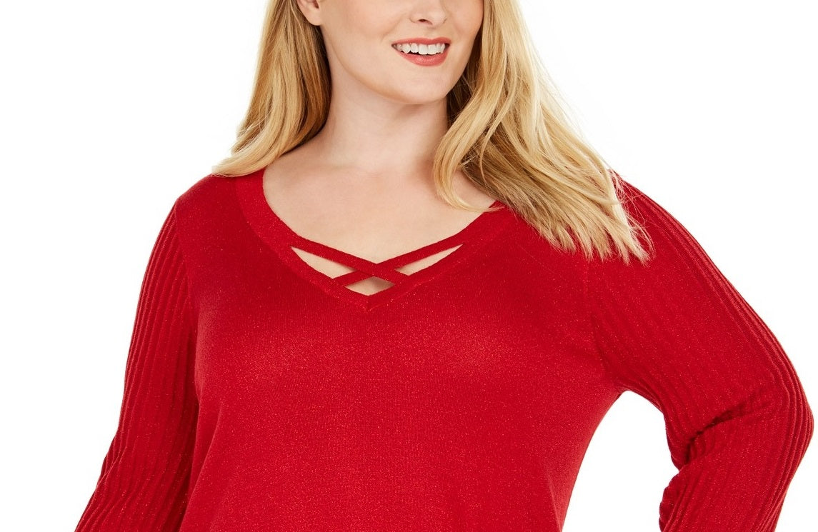 JM Collection Suéter feminino plus size com gola cruzada e lurex vermelho tamanho pequeno