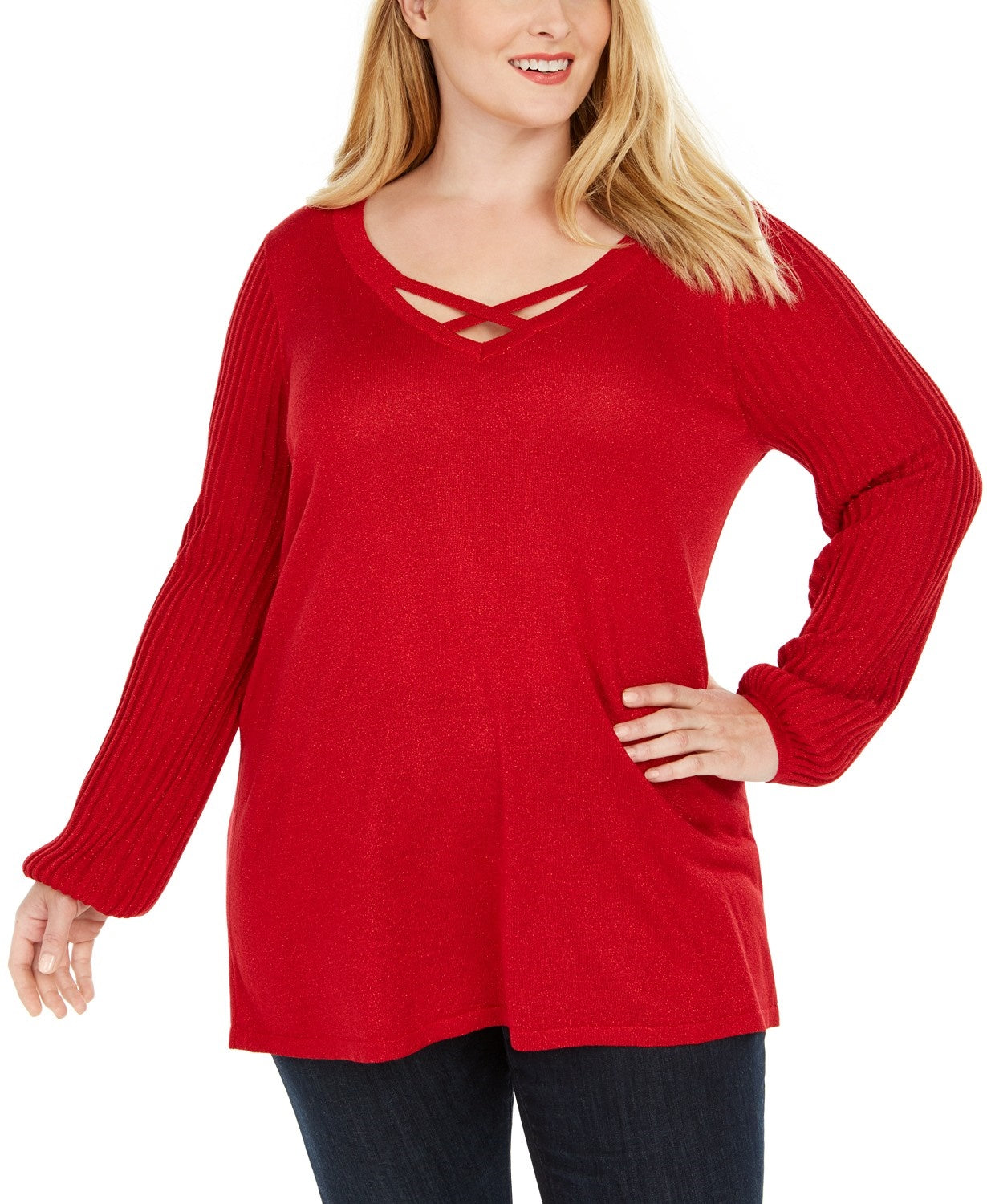 JM Collection Suéter feminino plus size com gola cruzada, tamanho 1X, vermelho
