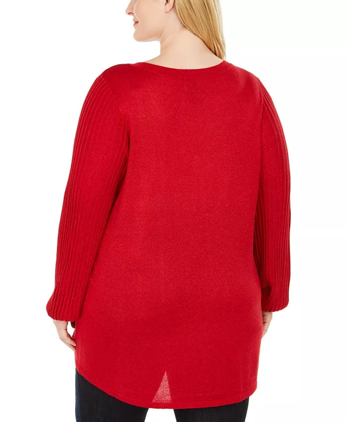 JM Collection Suéter feminino plus size com gola cruzada, tamanho 1X, vermelho
