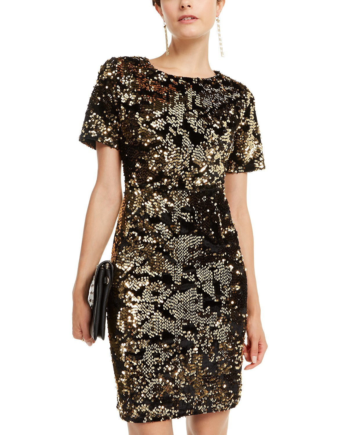 Vestido feminino de veludo e lantejoulas INC International Concepts, tamanho pequeno, dourado