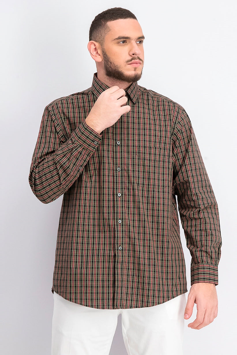 Camisa social masculina Club Room Classic/Regular Fit, elástica, xadrez, resistente a rugas, preta, tamanho 34-35