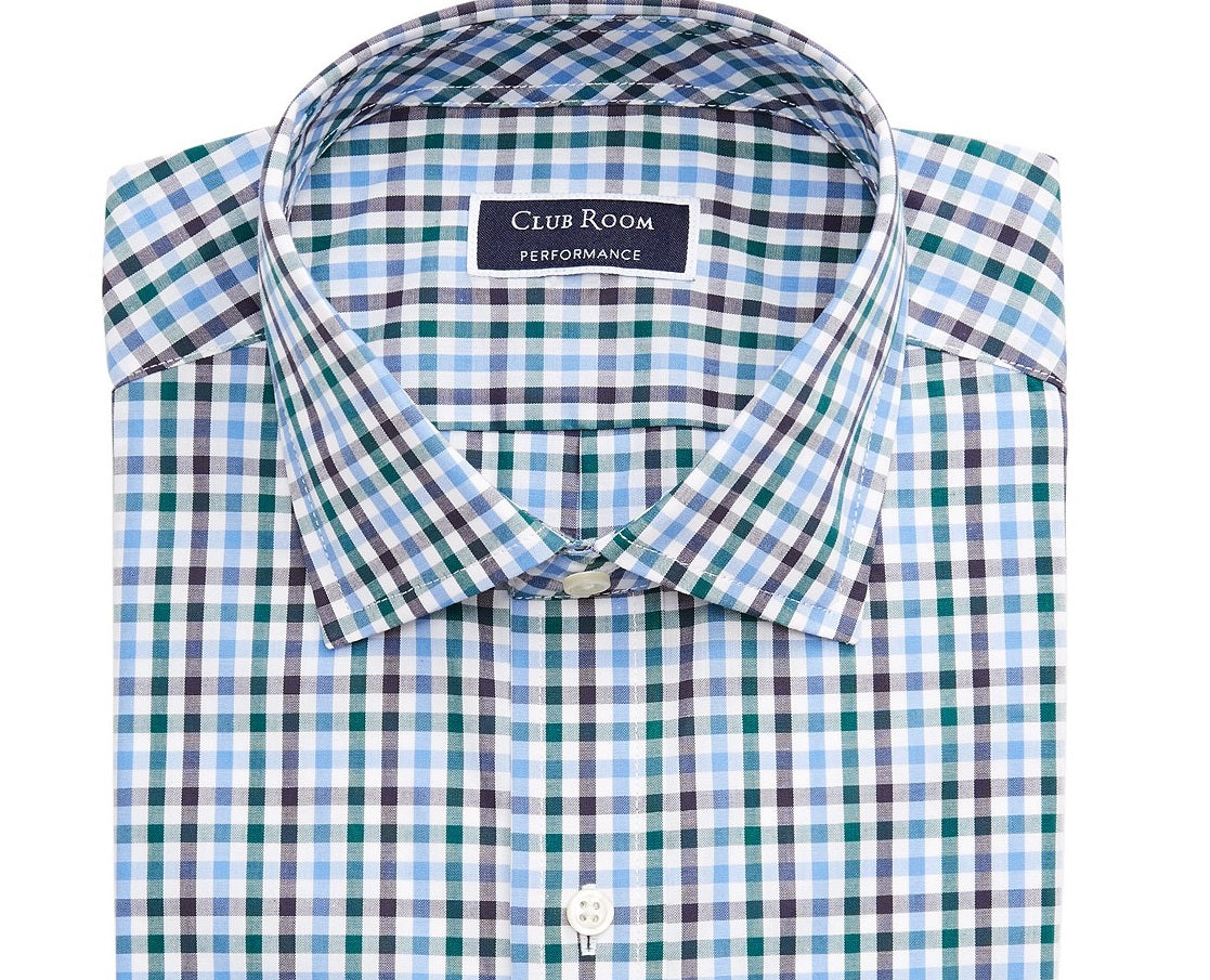 Camisa social masculina Club Room Classic/Regular Fit Stretch Gingham Azul Tamanho 15X32-33