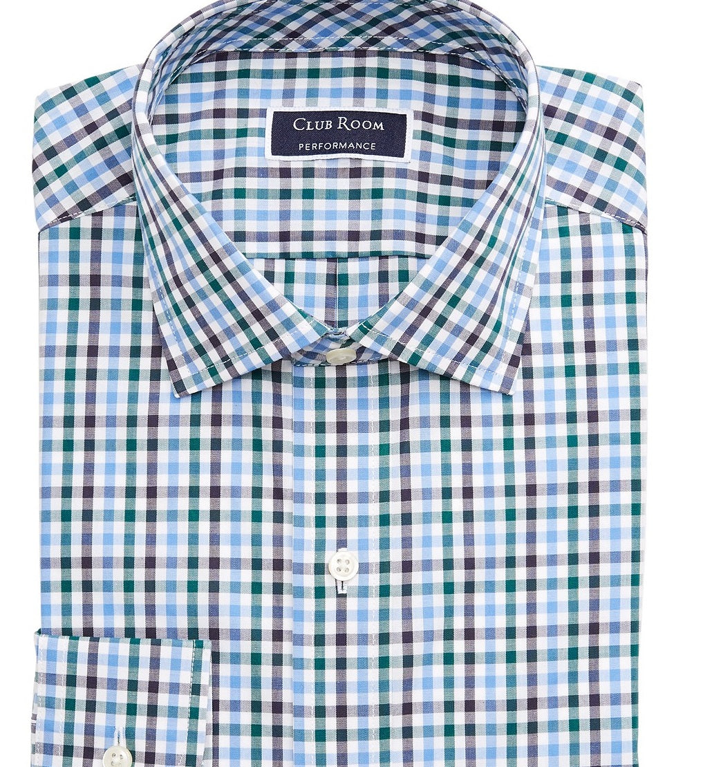 Camisa social masculina Club Room Regular Fit Stretch Antirrugas Xadrez Azul Tamanho 16,5x34-35