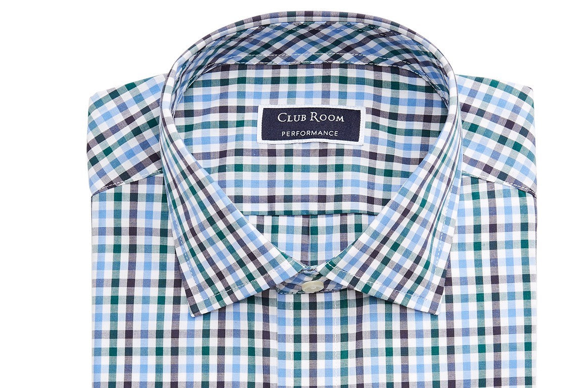 Camisa social masculina Club Room Classic/Regular Fit Stretch, resistente a rugas, xadrez, azul, tamanho 36-37
