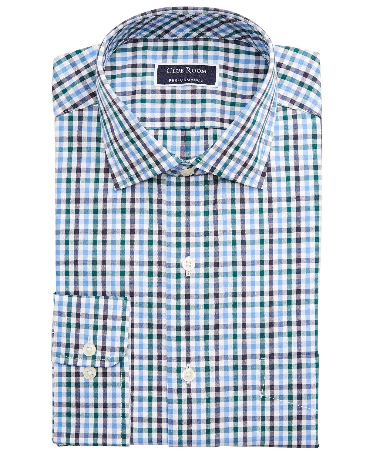 Camisa social masculina Club Room Regular Fit Stretch Antirrugas Gingham Azul Marinho Tamanho 17-32-33
