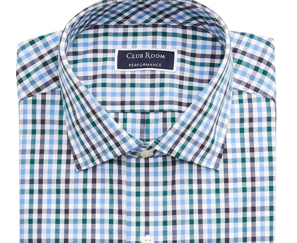 Camisa social masculina Club Room Regular Fit Stretch Antirrugas Gingham Azul Marinho Tamanho 17-32-33
