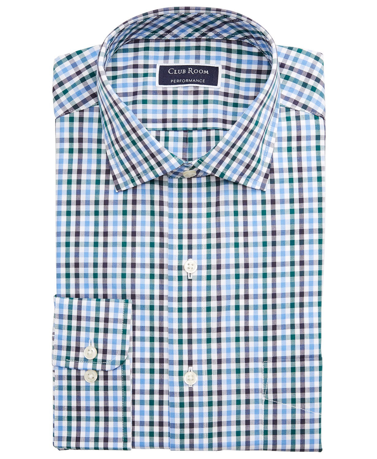 Camisa social masculina Club Room Classic/Regular Fit Stretch, xadrez, resistente a rugas, azul-marinho, tamanho 32-33