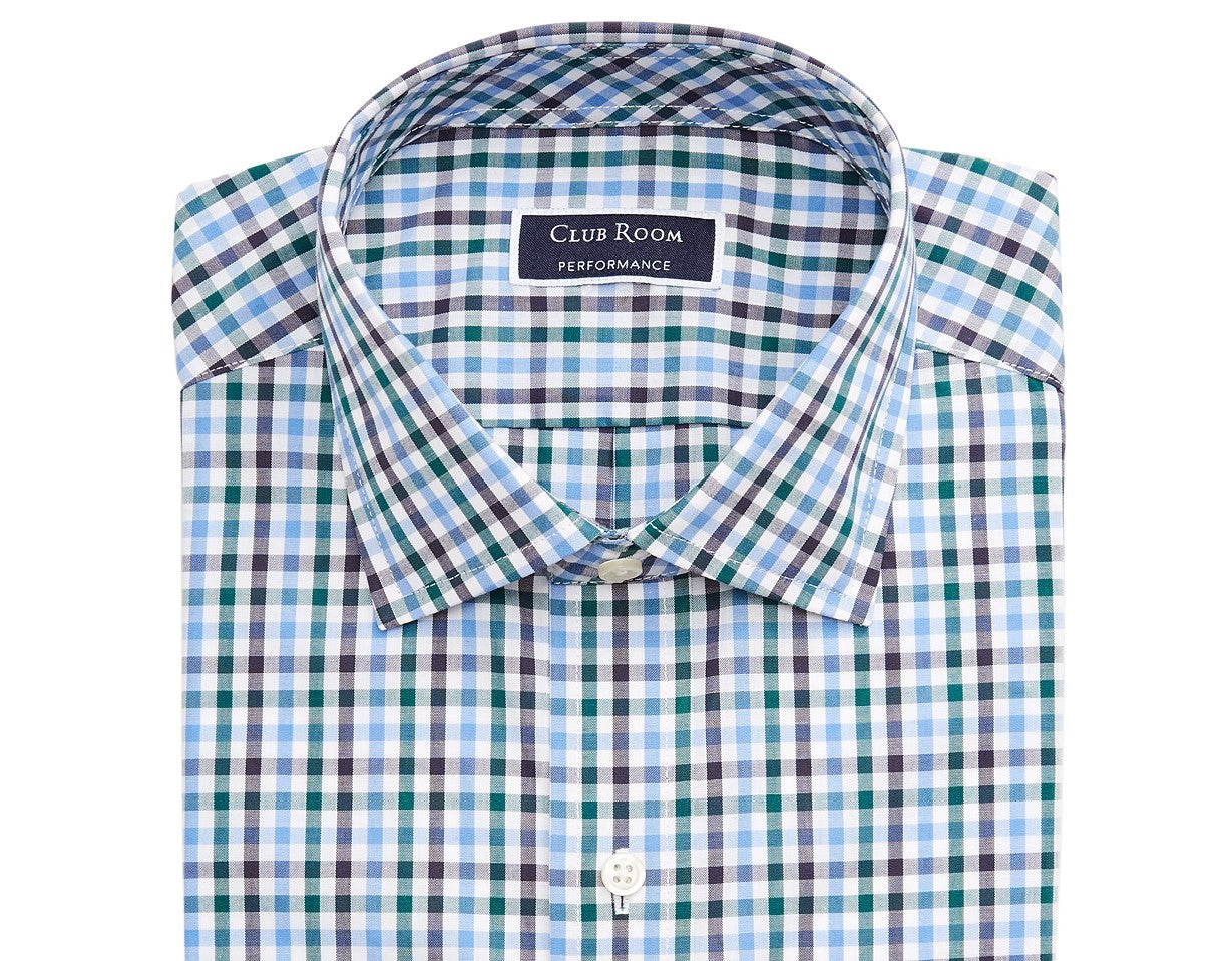 Camisa social masculina Club Room Classic/Regular Fit Stretch, xadrez, resistente a rugas, azul-marinho, tamanho 32-33